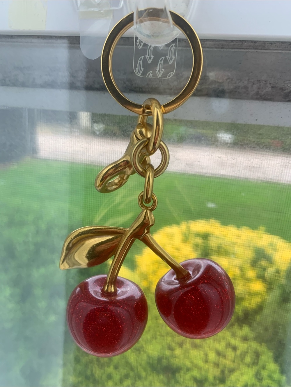 🆕 - Sparkling Cherry Bag Charm Or Keychain with Gold Leaf & Gold Hardware